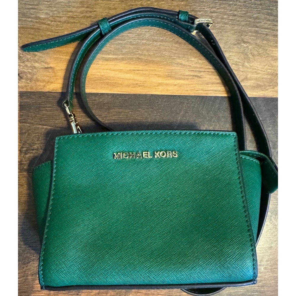 Michael Kors Green Safiano Leather Mini Crossbody Gold Tone Hardware Bag‎